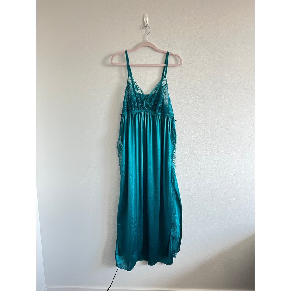 Teal Satin Lace-Trim Slip Nightgown L Vintage Glamour Whimsigoth Fairycore Siren